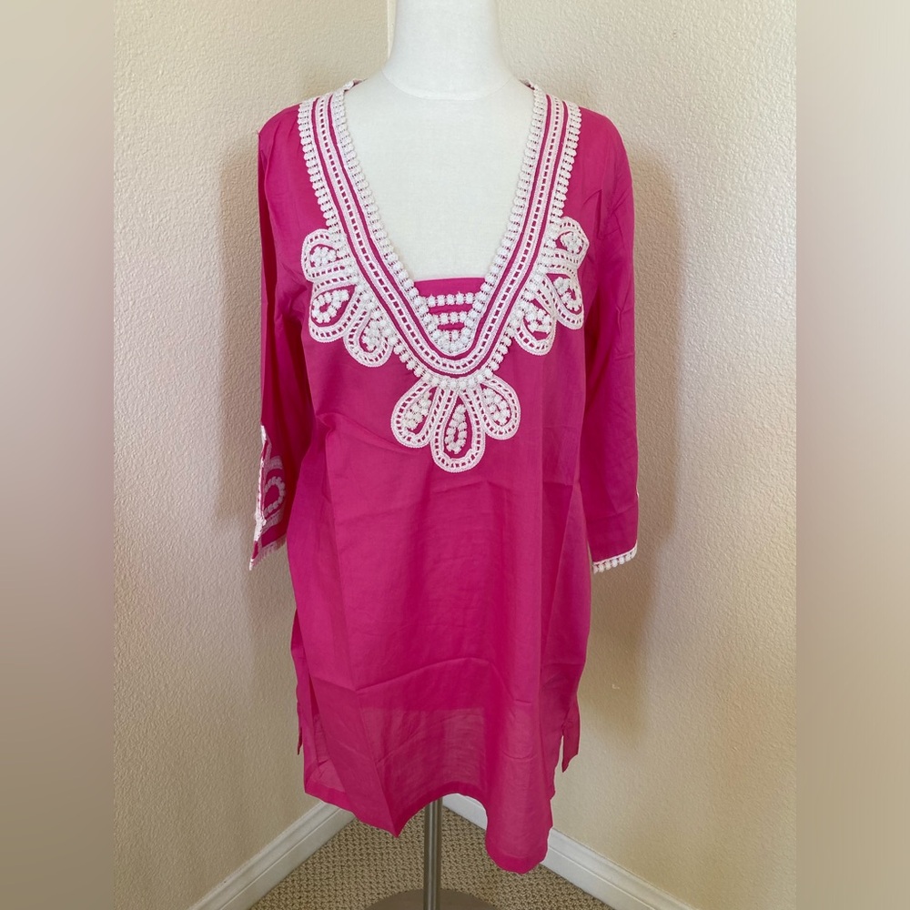 NWT J. Crew pink cotton 3/4 sleeve swim cover up tunic lace embroidery Size M